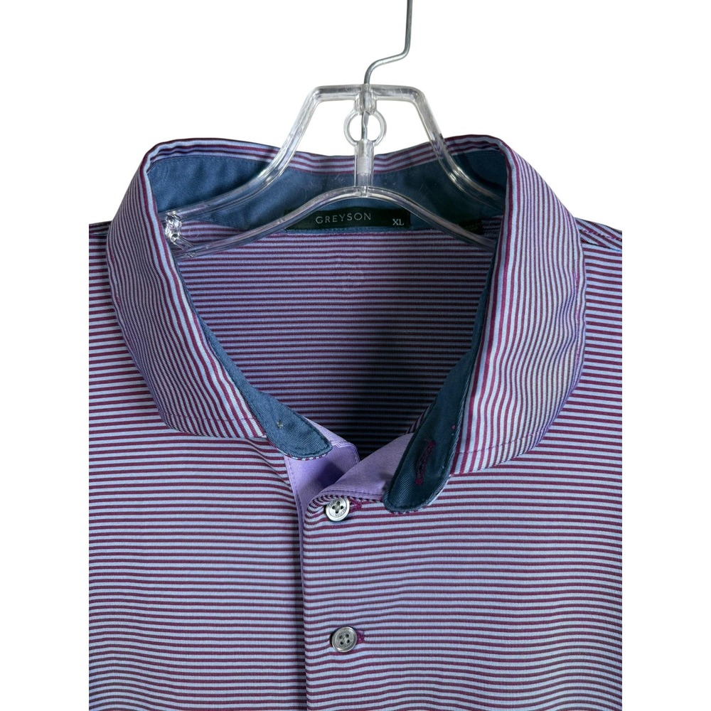 Greyson Polo Shirt Mens XL Purple Stripe Performance Golf Stretch Wolf Logo - Picture 2 of 7